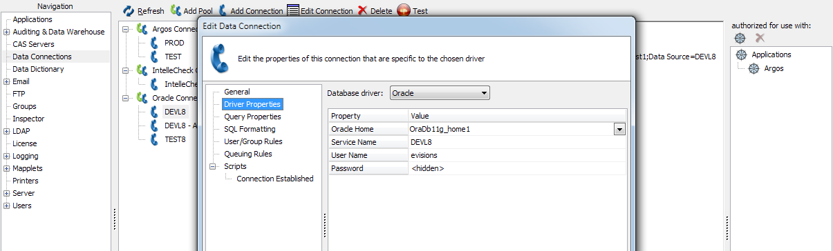 The Driver Properties tab showing Oracle selected as the database driver.  Listed properties include Oracle Home, the database name, and the username/password.